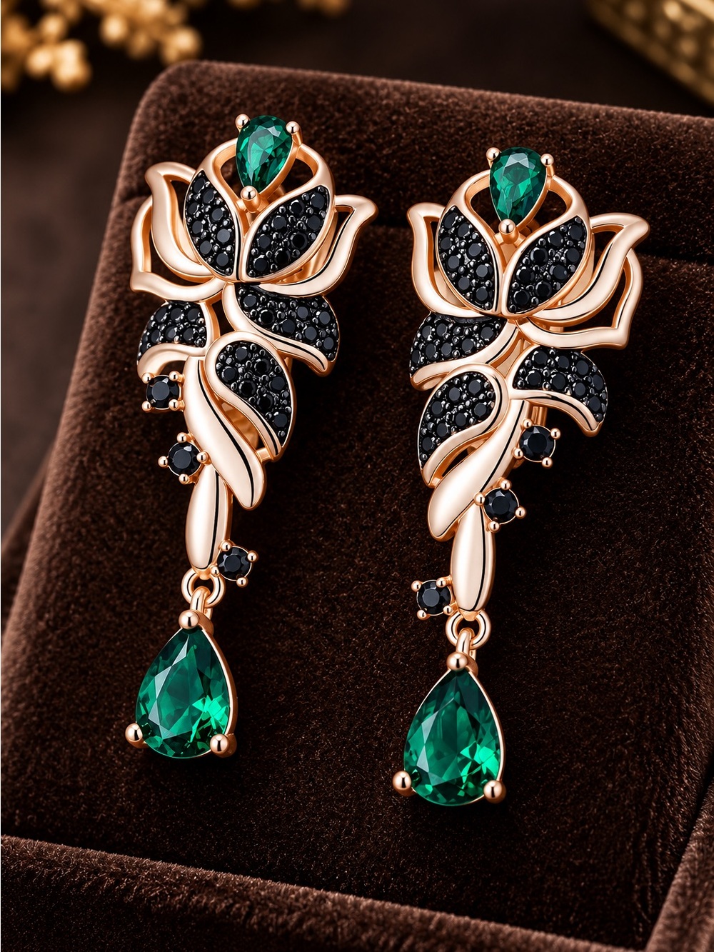 Rose Gold tone Floral Drop Earrings with Emerald Green Stones
